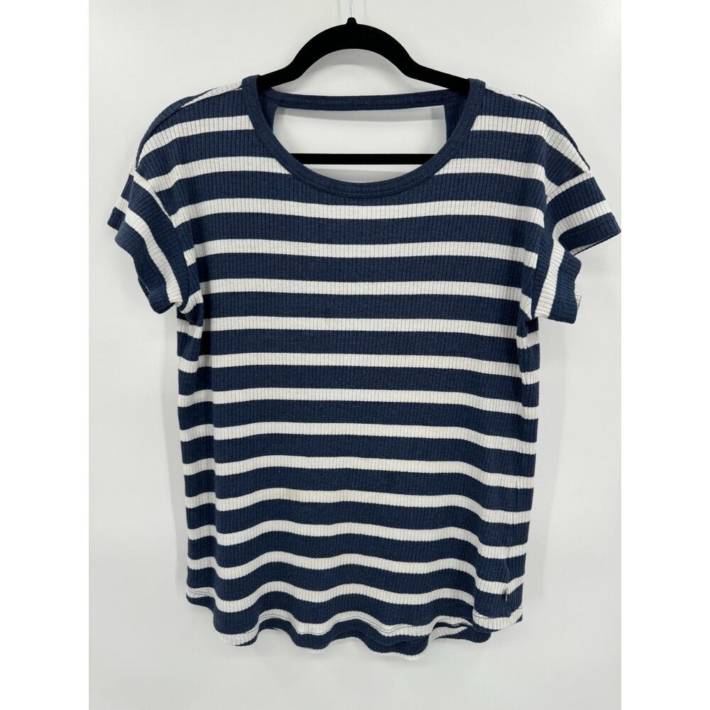 MOUNTAIN HARDWEAR Blue White Striped Keyhole Back Short Sleeve Top Size Large L